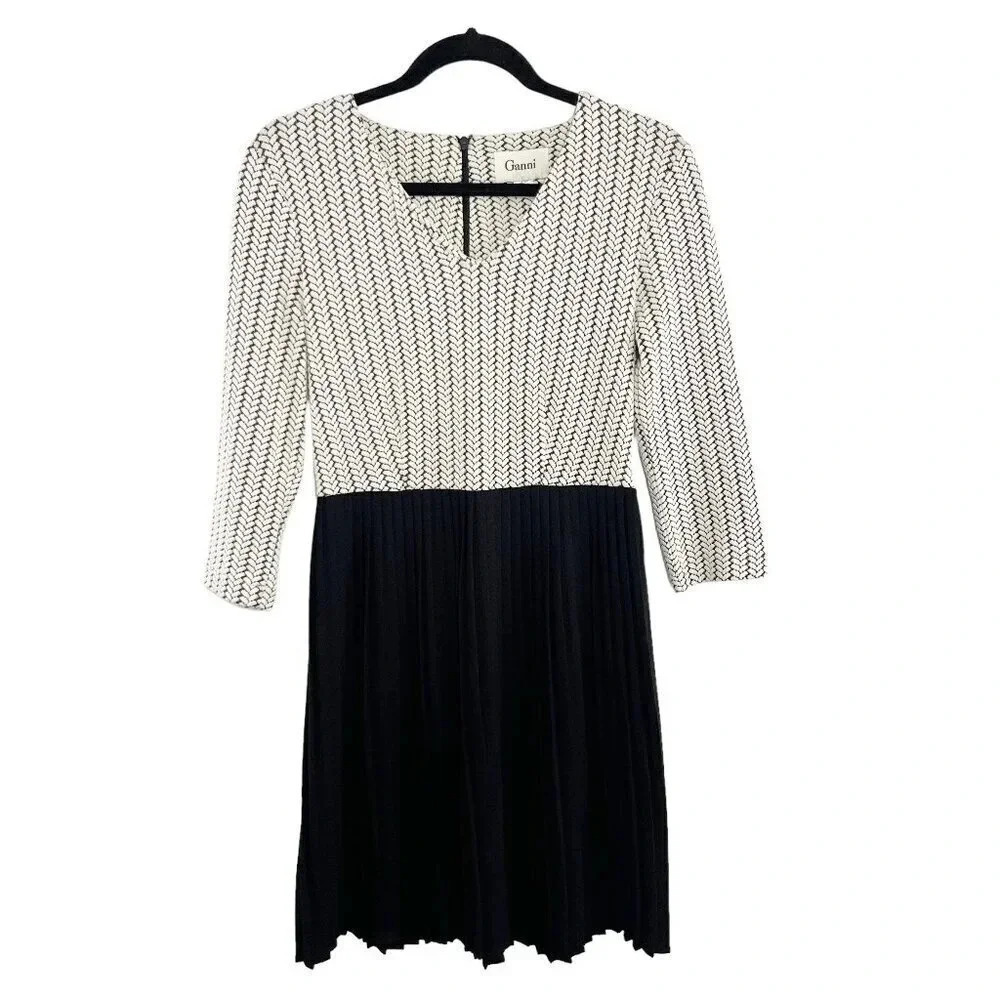 Ganni for Anthropologie Black & White Herringbone Pleated Dress Women's Size XS